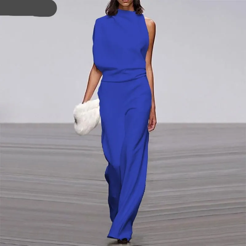 12 Colors Women Elegant Solid One Shoulder Long Jumpsuit Ladies Romper Loose Overalls Fashion Wide Leg Workwear