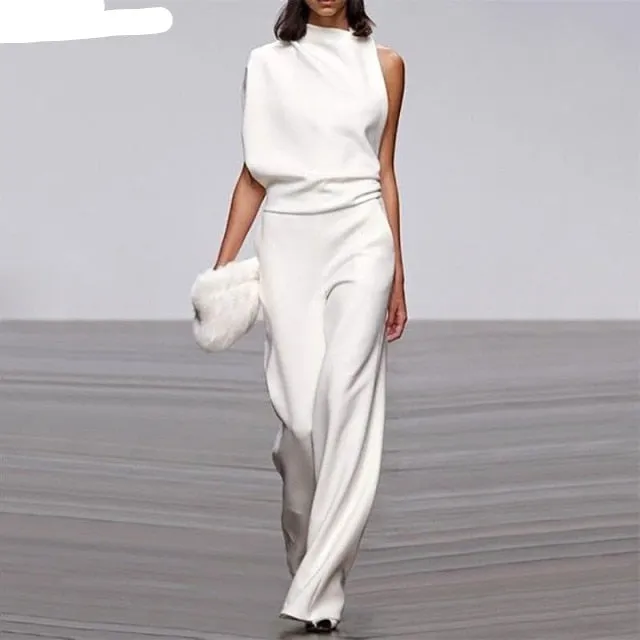 12 Colors Women Elegant Solid One Shoulder Long Jumpsuit Ladies Romper Loose Overalls Fashion Wide Leg Workwear
