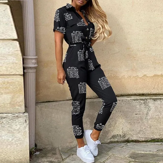 2020 Women Summer Deep V Neck Short Sleeve Button Shirt Overalls Solid Jumpsuit Office Lady One Piece Romper Belt