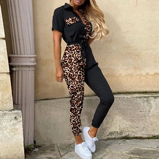2020 Women Summer Deep V Neck Short Sleeve Button Shirt Overalls Solid Jumpsuit Office Lady One Piece Romper Belt