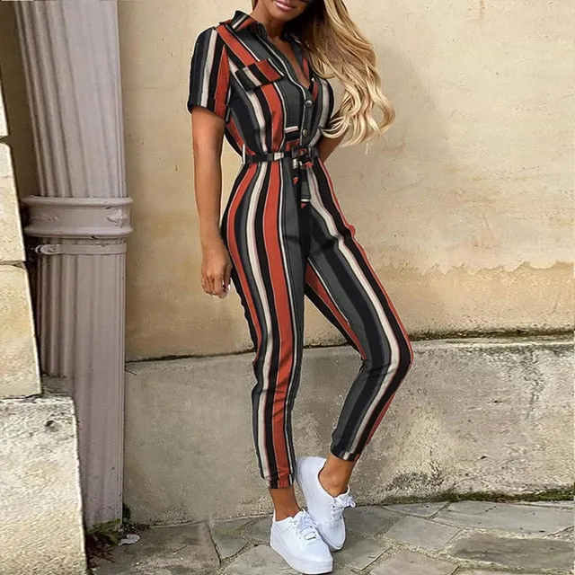 2020 Women Summer Deep V Neck Short Sleeve Button Shirt Overalls Solid Jumpsuit Office Lady One Piece Romper Belt