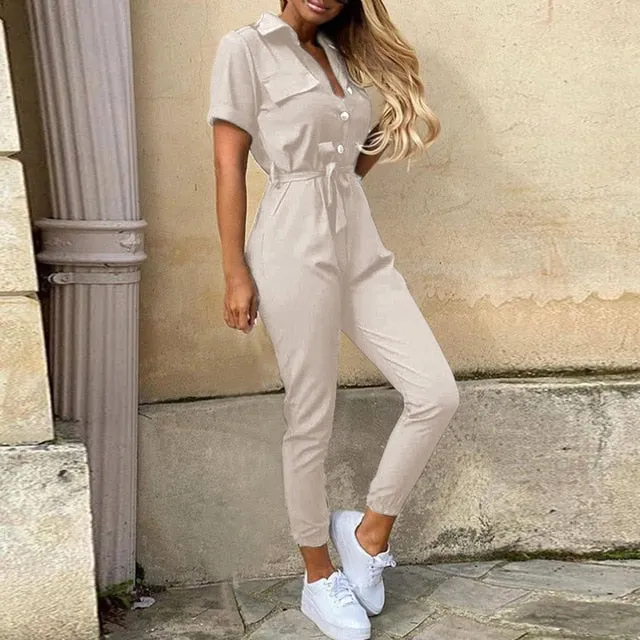 2020 Women Summer Deep V Neck Short Sleeve Button Shirt Overalls Solid Jumpsuit Office Lady One Piece Romper Belt