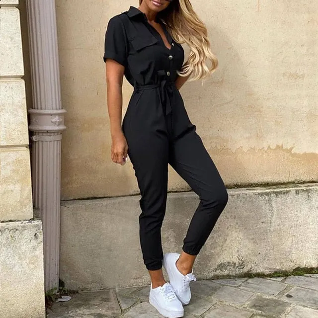 2020 Women Summer Deep V Neck Short Sleeve Button Shirt Overalls Solid Jumpsuit Office Lady One Piece Romper Belt