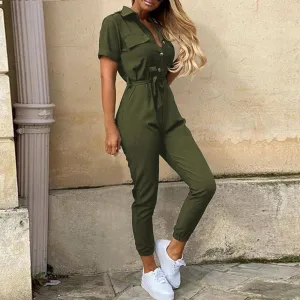 2020 Women Summer Deep V Neck Short Sleeve Button Shirt Overalls Solid Jumpsuit Office Lady One Piece Romper Belt