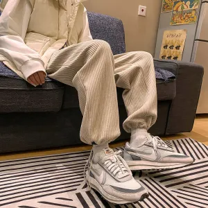 Aidase Man Casual Tie Leg Straight Pants Woman Corduroy Solid Color Oversize Trousers Man Warm Korean Streetwear Pants