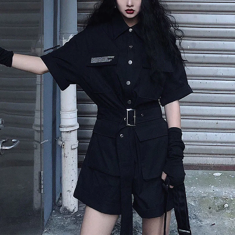 Black Gothic Jumpsuit Women Korean Harajuku Vintage High Waist Cargo Pants Short Sleeve Tops Streetwear Rompers Suit Clothes