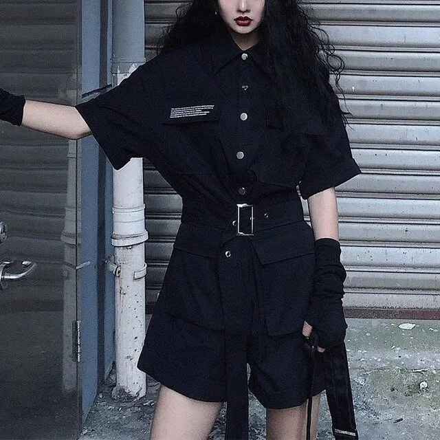 Black Gothic Jumpsuit Women Korean Harajuku Vintage High Waist Cargo Pants Short Sleeve Tops Streetwear Rompers Suit Clothes