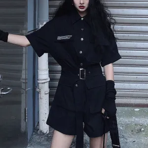 Black Gothic Jumpsuit Women Korean Harajuku Vintage High Waist Cargo Pants Short Sleeve Tops Streetwear Rompers Suit Clothes