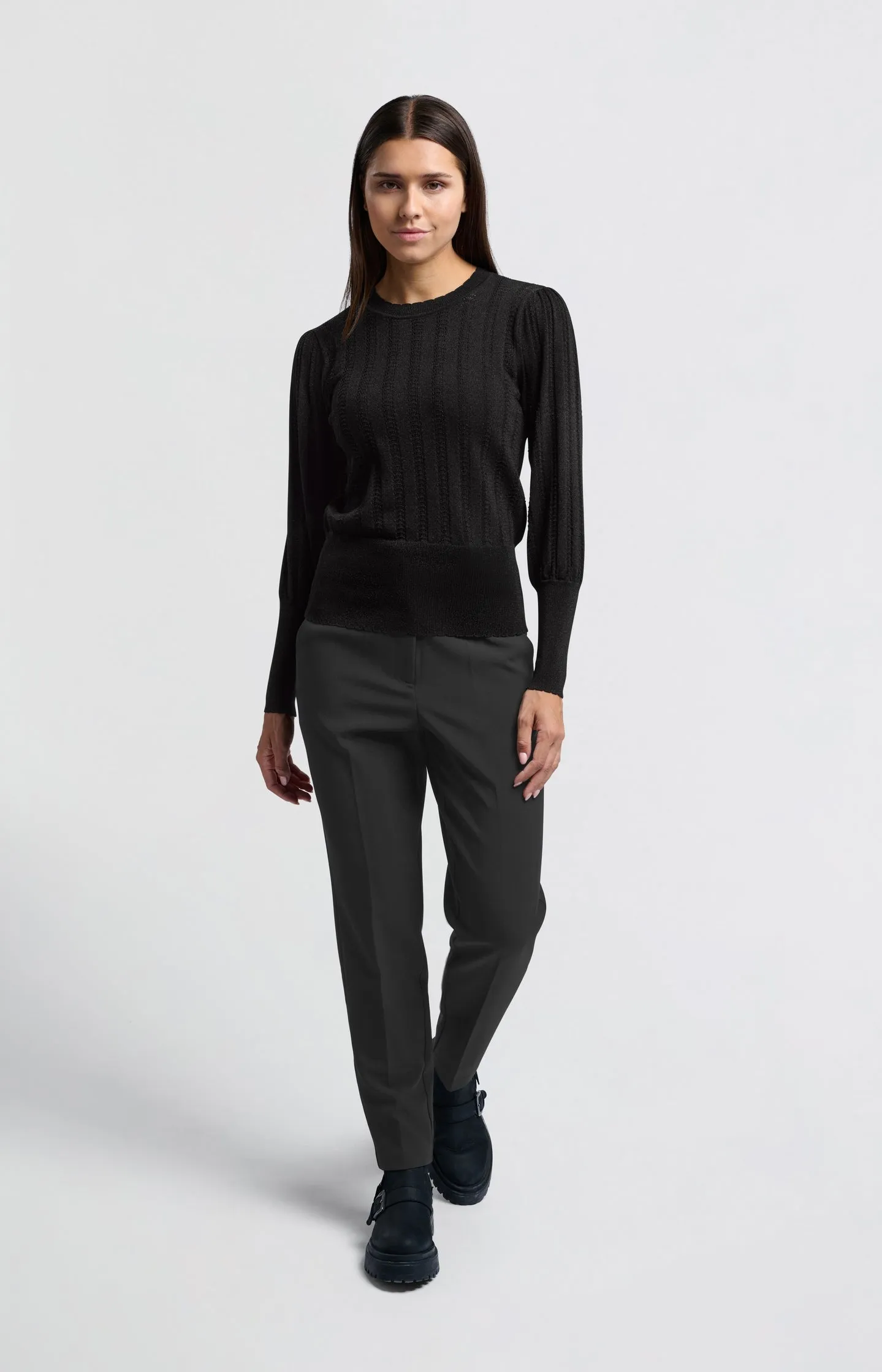Black trousers with high waist and straight legs