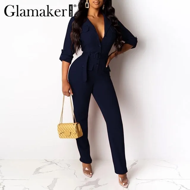 Glamaker Sexy bandage buttons knitted jumpsuit Elegant bodycon office wear jumpsuits & rompers Slim party jumpsuit women blazer