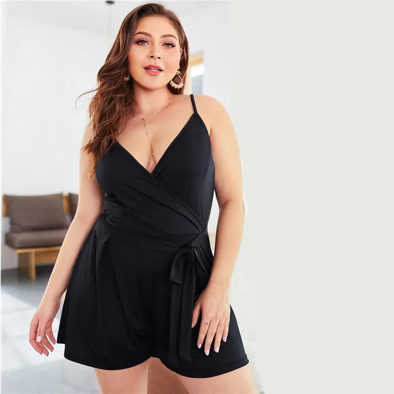 Plus Size Black Self Tie Solid Sleeveless Cami Romper