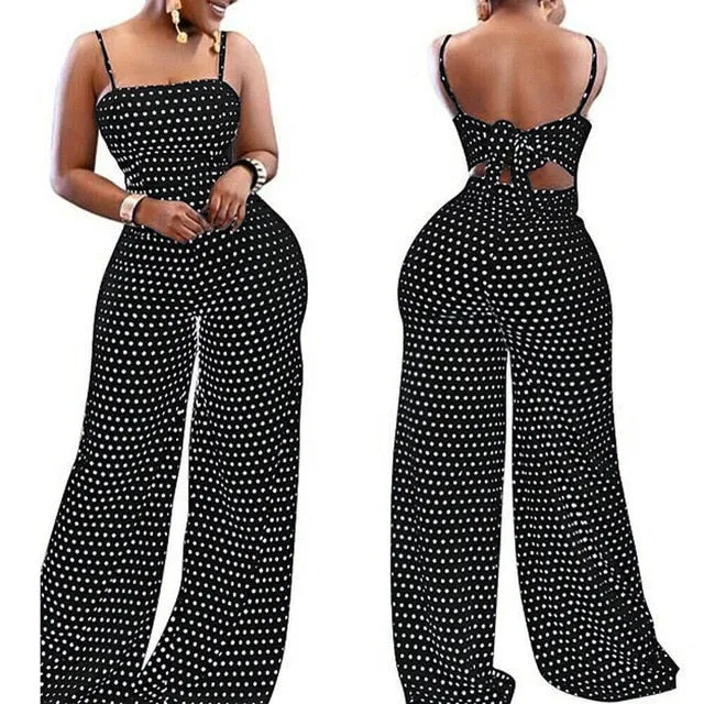Summer Women Dot Bowknot Sleeveless Jumpsuit Summer Spaghetti Strap Backless Wide Leg Pants Trousers Jumpsuits