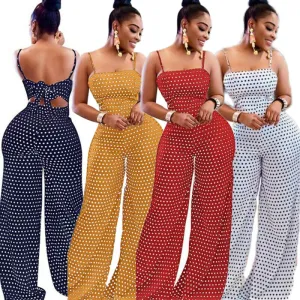 Summer Women Dot Bowknot Sleeveless Jumpsuit Summer Spaghetti Strap Backless Wide Leg Pants Trousers Jumpsuits