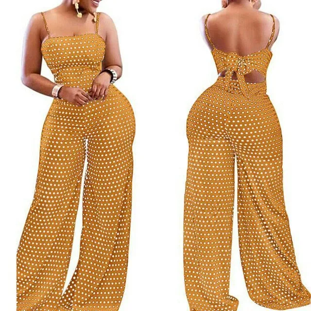 Summer Women Dot Bowknot Sleeveless Jumpsuit Summer Spaghetti Strap Backless Wide Leg Pants Trousers Jumpsuits
