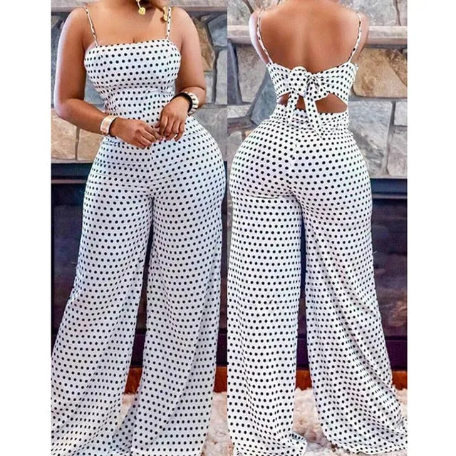 Summer Women Dot Bowknot Sleeveless Jumpsuit Summer Spaghetti Strap Backless Wide Leg Pants Trousers Jumpsuits