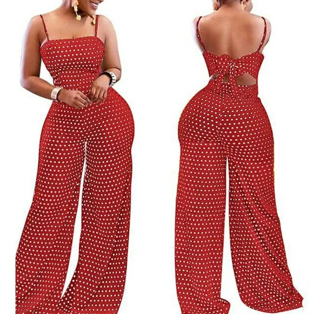 Summer Women Dot Bowknot Sleeveless Jumpsuit Summer Spaghetti Strap Backless Wide Leg Pants Trousers Jumpsuits