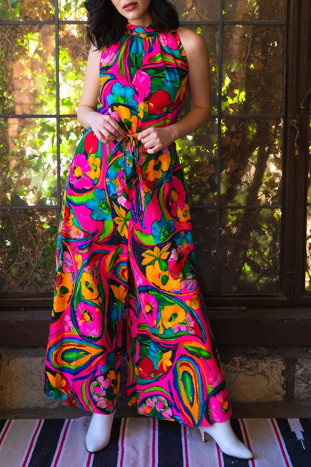 Vintage 1960s Wide Leg Bright Psychedelic Floral Jumpsuit - MD/LG
