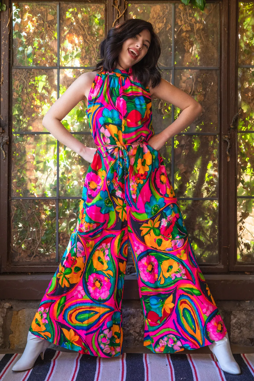 Vintage 1960s Wide Leg Bright Psychedelic Floral Jumpsuit - MD/LG