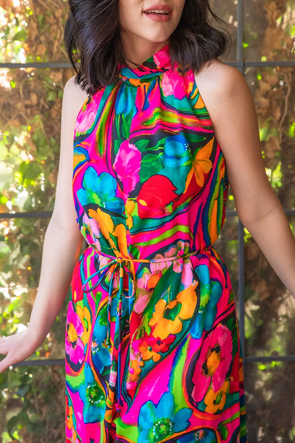 Vintage 1960s Wide Leg Bright Psychedelic Floral Jumpsuit - MD/LG