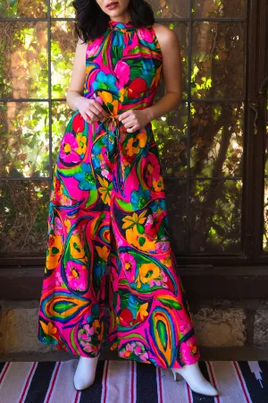 Vintage 1960s Wide Leg Bright Psychedelic Floral Jumpsuit - MD/LG