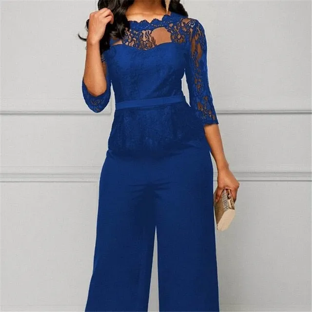 Women Summer Party Sexy Jumpsuit Summer Fall Bodycon Lace Sleeve Playsuit Female Fashion Jumpsuit&Romper Long Trousers Clubwear