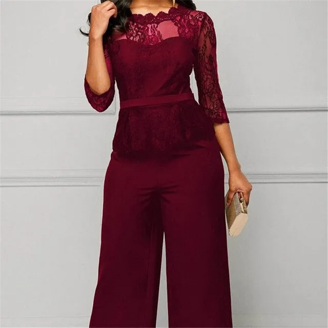Women Summer Party Sexy Jumpsuit Summer Fall Bodycon Lace Sleeve Playsuit Female Fashion Jumpsuit&Romper Long Trousers Clubwear