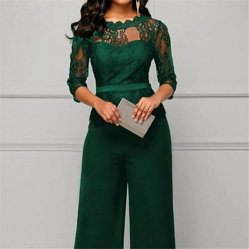 Women Summer Party Sexy Jumpsuit Summer Fall Bodycon Lace Sleeve Playsuit Female Fashion Jumpsuit&Romper Long Trousers Clubwear